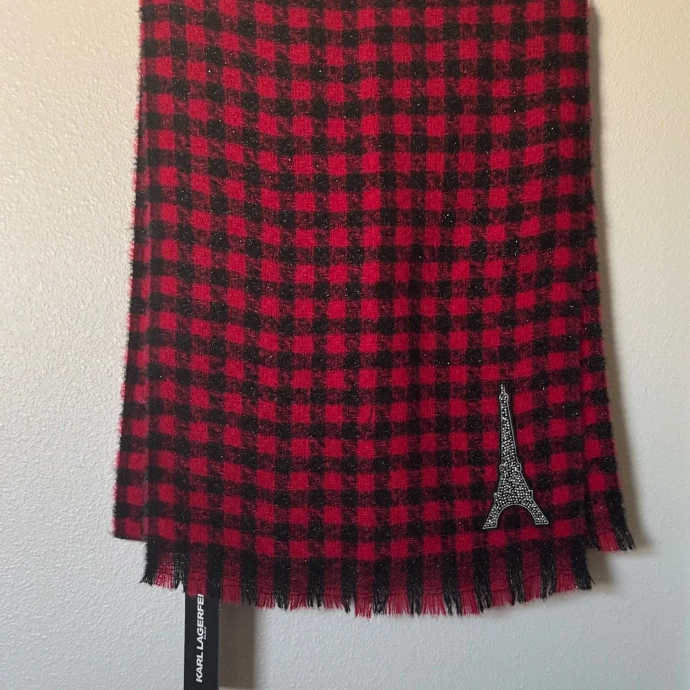 Karl Lagerfeld Red and Black ✨ glitter Scarf with Eiffel Tower Paris Design